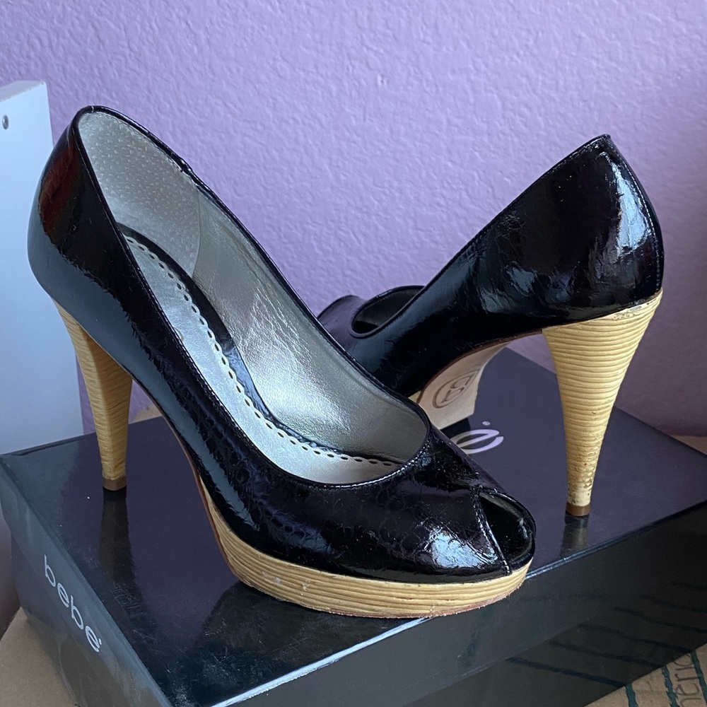 Bebe Black Snakeskin Pumps with Wooden Heel